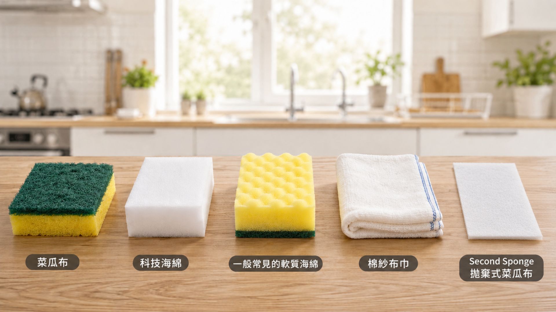 試驗比較所使用的菜瓜布、科技海綿、一般海綿、棉紗布巾與 Second Sponge