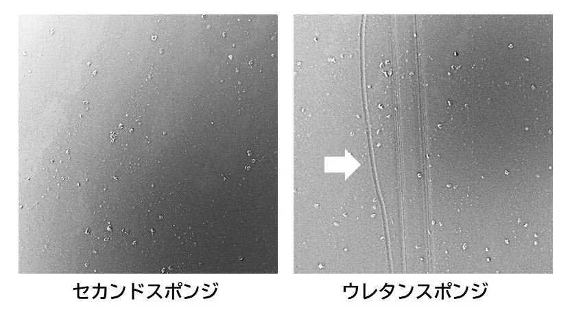 Second Sponge 與一般海綿的試驗後顯微鏡影像，Second Sponge 在左，一般海綿在右